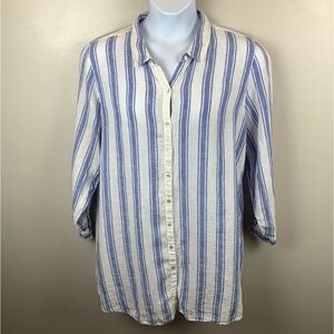 Tahari 100% Linen Button Down Tunic Shirt Roll‎ Tab Size 1X Blue White Stripes